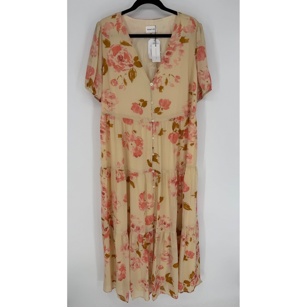 SUGAR + LIPS BABYDOLL BUTTON UP MAXI DRESS 1X NWT TIERED FLORAL GARDEN PARTY